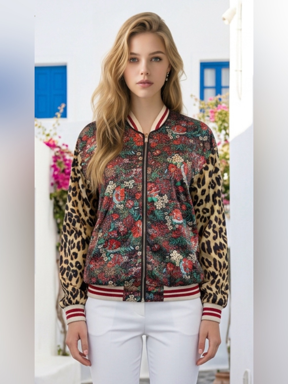 Scotch & Soda Floral and Leopard-Print Bomber Jacket - Red, Green, Beige, Black